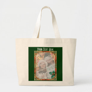 Add-A-Photo Stained Glass Frame with Holly Leaves Large Tote Bag