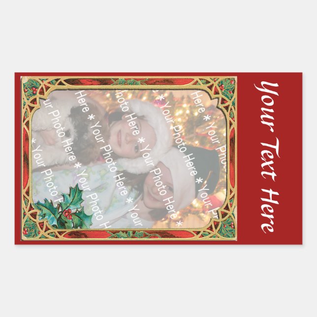 Add-A-Photo Stained Glass Frame with Holly Leaves Rectangular Sticker (Front)