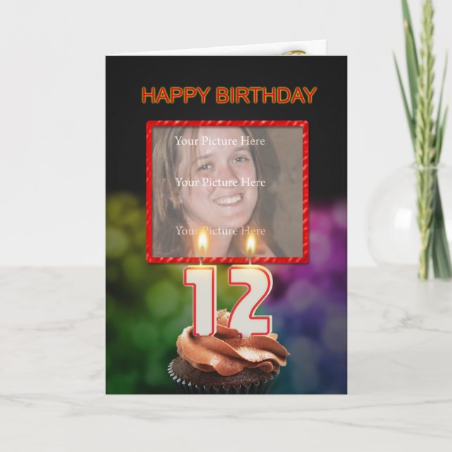 Add a picture, 12th Birthday with cake and candles Card (Front)
