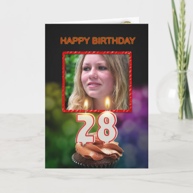 Add a picture, 28th Birthday with cake and candles Card (Front)