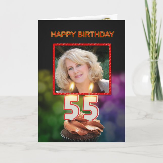 Add a picture, 55th Birthday with cake and candles Card (Front)
