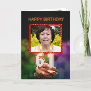 Add a picture, 61st Birthday with cake and candles Card