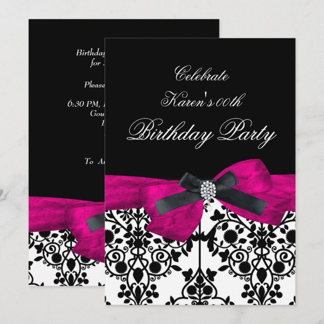 Add Age Birthday Party Pink Damask Black White Invitation (Front/Back)