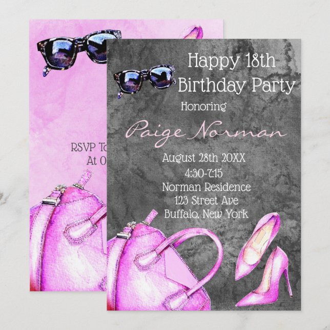 Add Age Hot Pink Fashion Birthday Party Invitation (Front/Back)