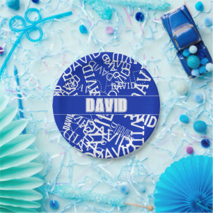 Add any name, name collage In blue & white Paper Plate
