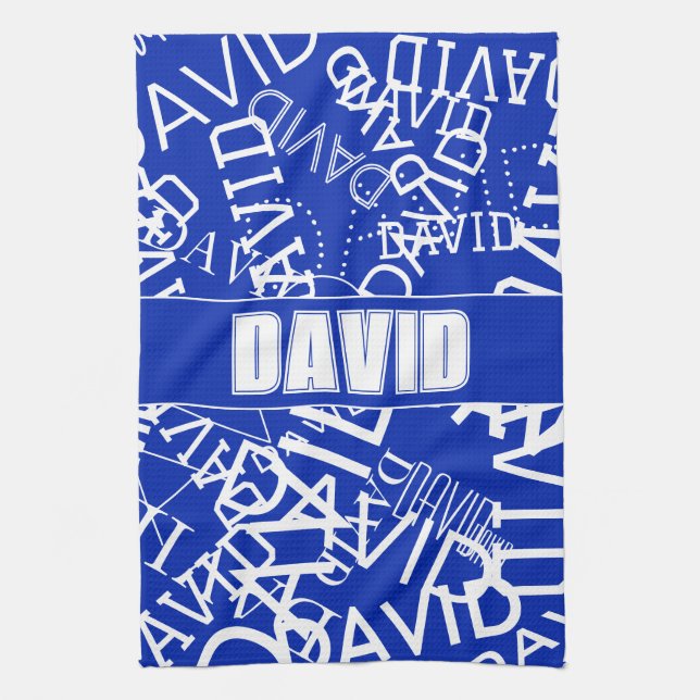 Add any name, name collage In blue & white Tea Towel (Vertical)