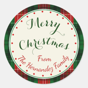 Add Any Text Fun Holiday Christmas Plaid Classic Round Sticker