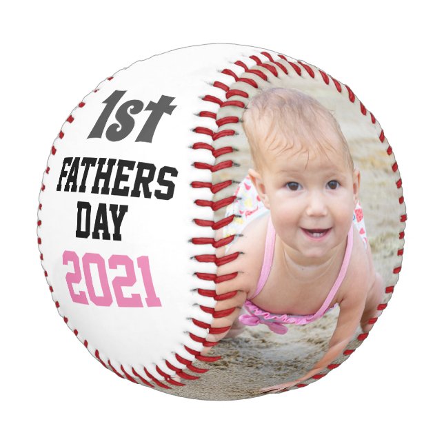Add Baby Girl Photo 1st Fathers Day Baseball (Angled)