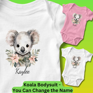 Add Baby Name, Baby Koala with Flowers Baby Bodysuit