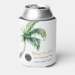 Add Business Logo Christmas Palm Tree Holiday Can Cooler