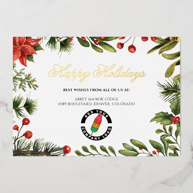Add Business Logo Company Christmas Gold Foil Holiday Card (Front)
