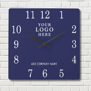 Add Business Logo Company Name Promotional Navy  Square Wall Clock