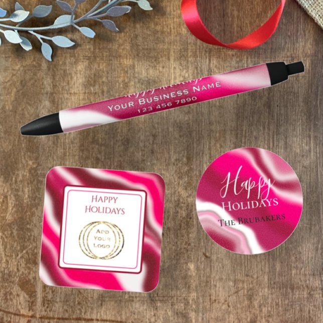 Add Business Logo Happy Holiday Candy Cane Red  Square Sticker (Add your business logo to these cheery cool red swirl stickers. Christmas business marketing labels.)