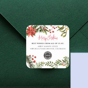 Add Business Logo Merry Christmas Botanical Square Sticker