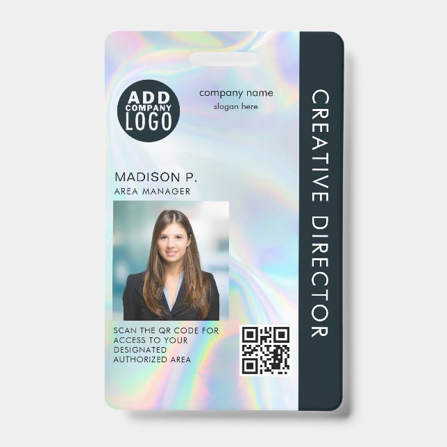 Add Business Logo QR Code Employee Photo ID Badge (Front)