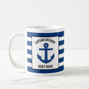 Add Captain and Boat Name Nautical Blue Anchor Coffee Mug