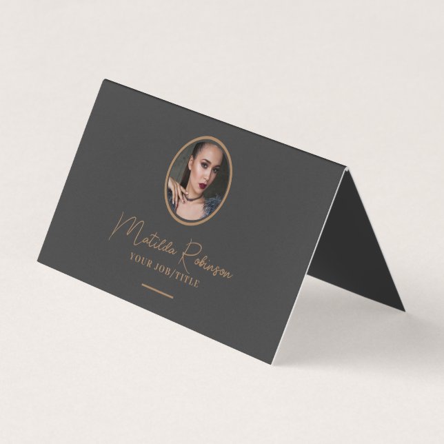 Add Circular Photo Gold Premium Black Grey Business Card (Front)