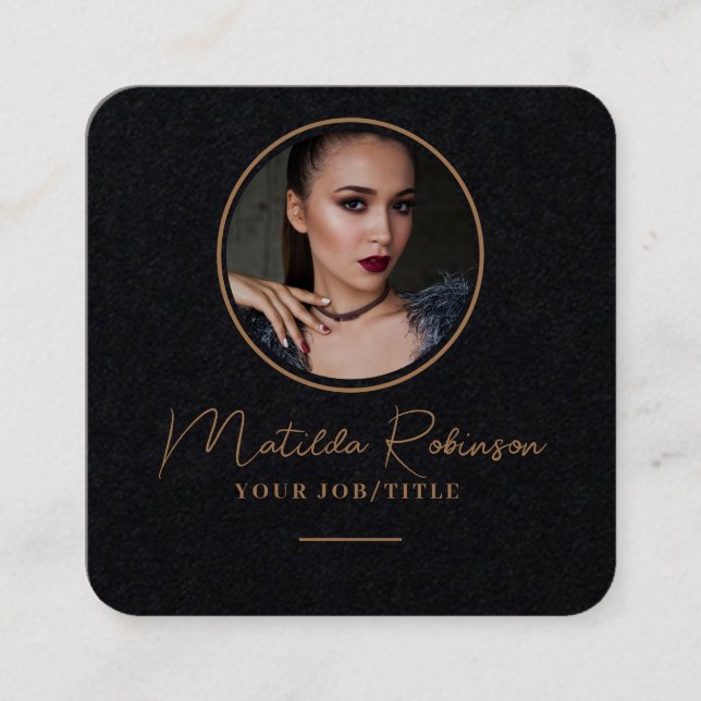 Add Circular Photo Gold Premium Black Square Business Card (Front)