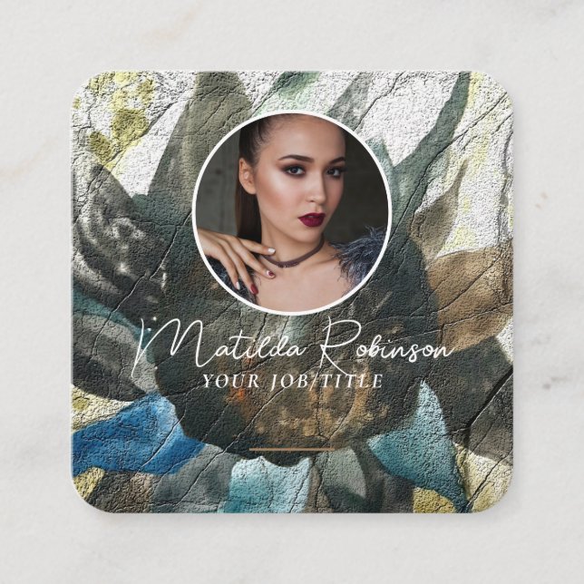 Add Circular Photo Gold Signature Sunflower Square Business Card (Front)