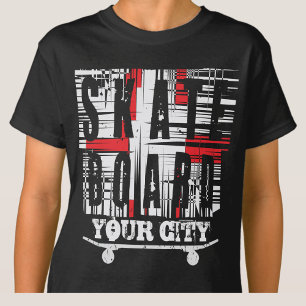 Add City Town Skateboard Distressed White on Black T-Shirt