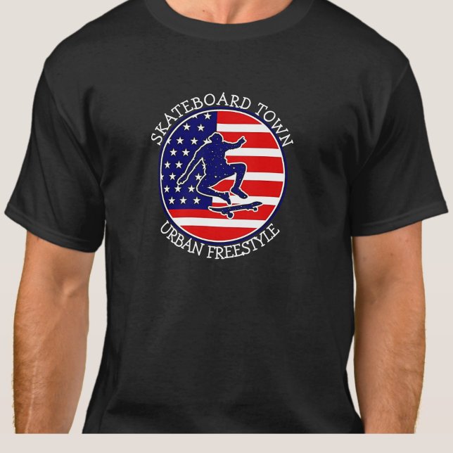Add City Town Text Name Skateboard USA Flag        T-Shirt (Creator Uploaded)