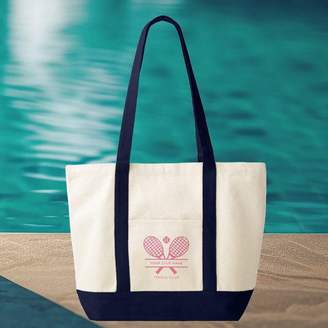 Add Club Name Tennis Team Green Swag Custom Tote Bag (Lawn Tennies Rackets Motif Pink Logo Navy Blue Handles Tote Bag)