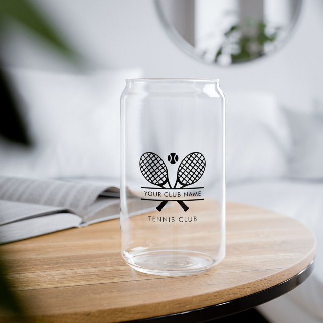 Add Club Name Tennis Team Logo Can Glass (Lawn Tennis Rackets Motif Black Logo Can Glass Swag)