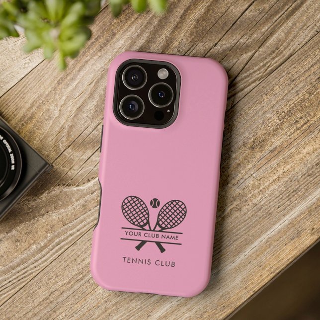 Add Club Name Tennis Team Pink Custom Case-Mate iPhone Case (Lawn Tennis Club Personalized iPhone 16 Pro Black and Pink Case)