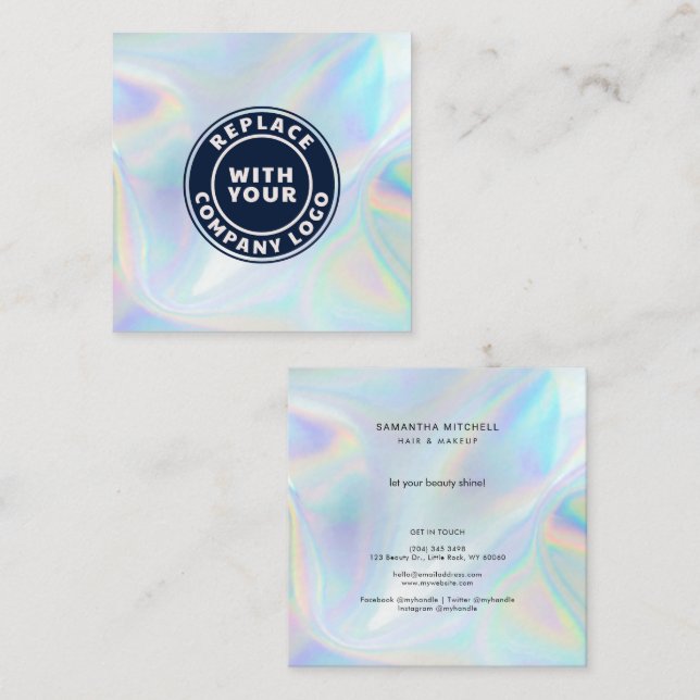 Add Company Logo Holographic Beautician Makeup Square Business Card (Front/Back)