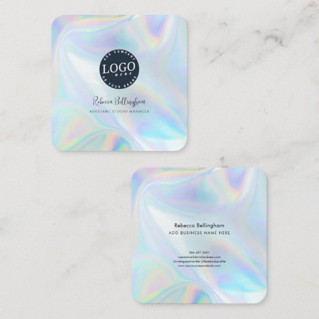 Add Company Logo Holographic Script New Employee Square Business Card (Front/Back)