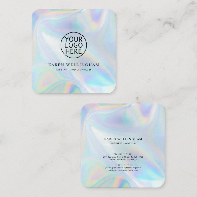 Add Company Logo Iridescent Modern Square Business Card (Front/Back)
