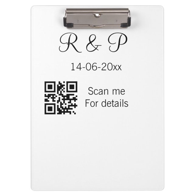 Add couple name date year Q R code here wedding te Clipboard (Front)