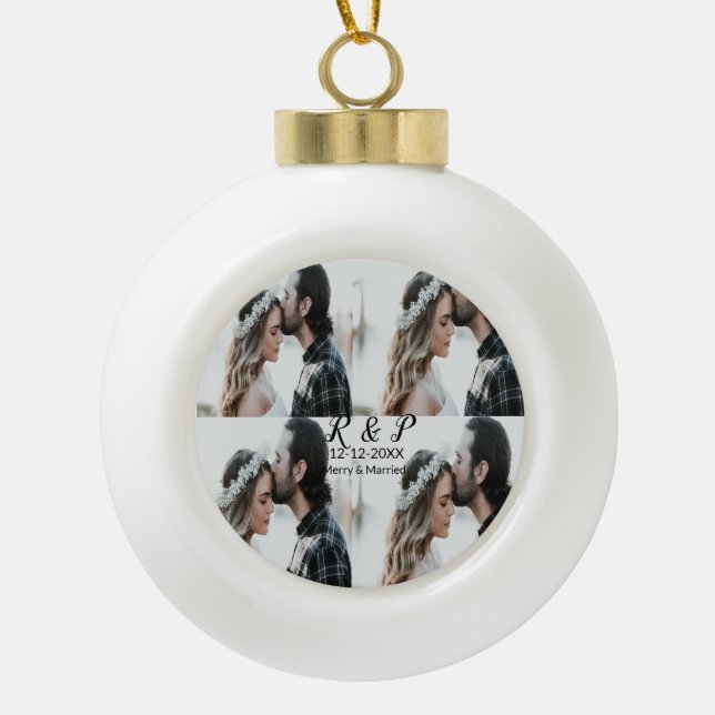 Add couple photo merry married add date year  ceramic ball christmas ornament (Front)