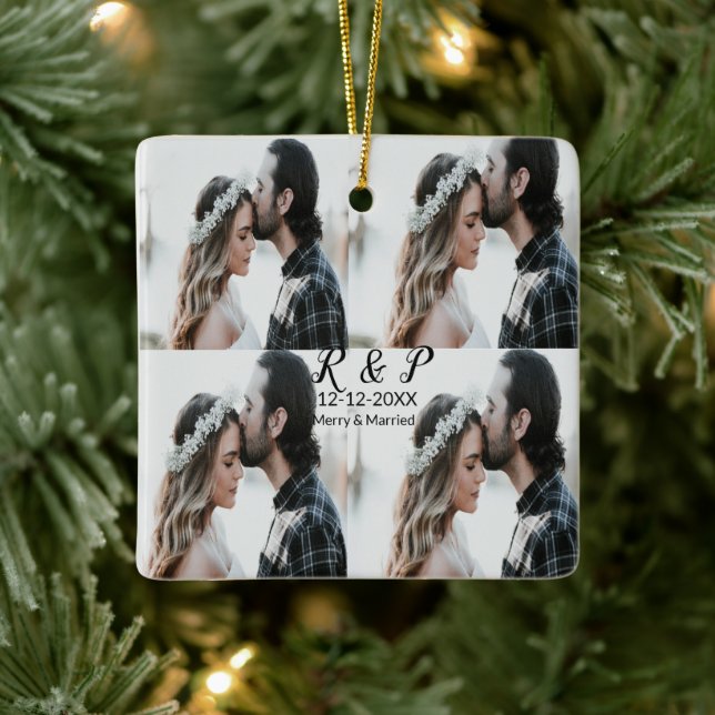 Add couple photo merry married add date year  ceramic ornament (Tree)