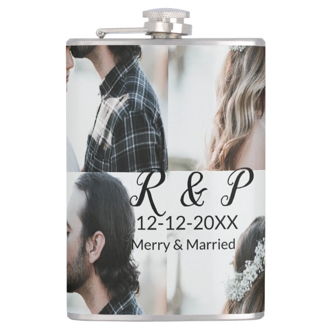 Add couple photo merry married add date year  hip flask (Front)