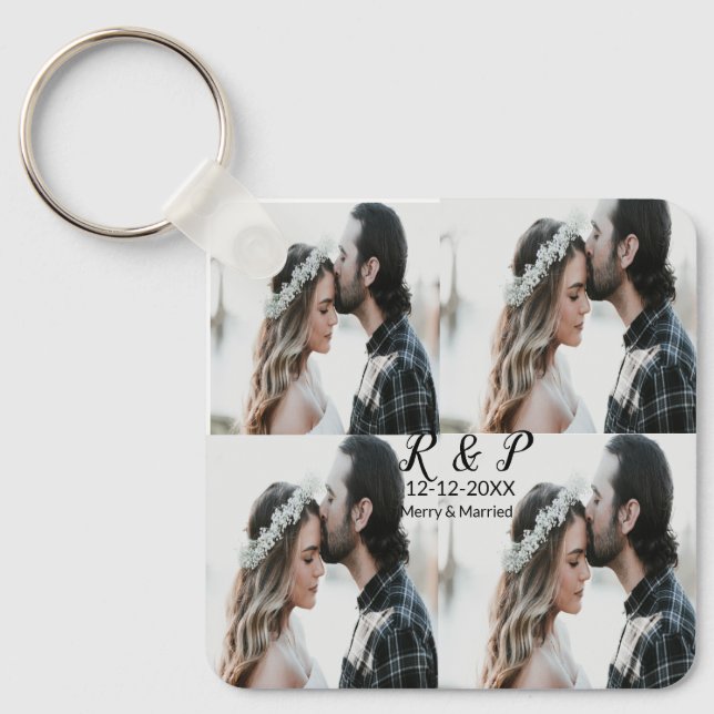 Add couple photo merry married add date year  key ring (Front)