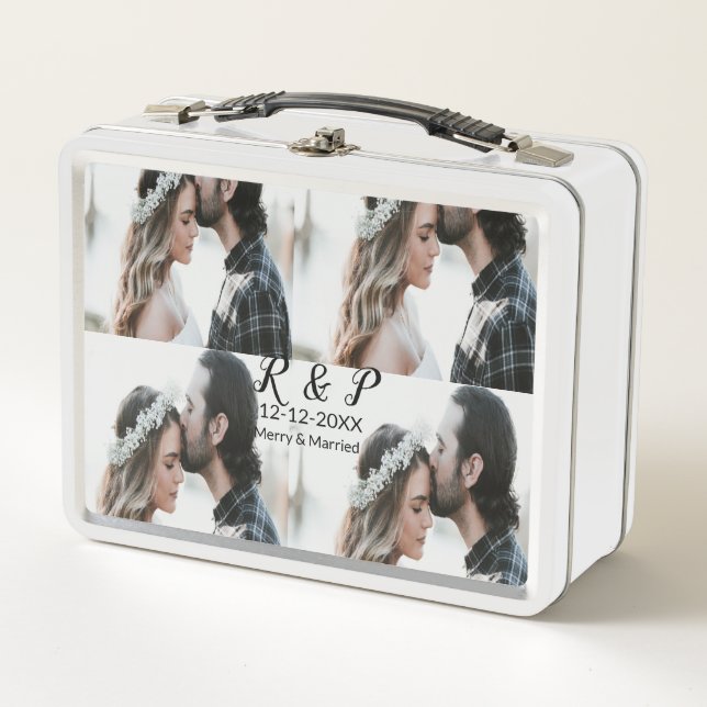 Add couple photo merry married add date year  metal lunch box (Front)