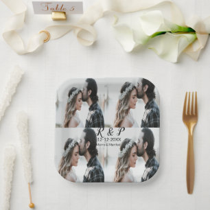 Add couple photo merry married add date year  paper plate