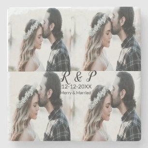 Add couple photo merry married add date year  stone coaster