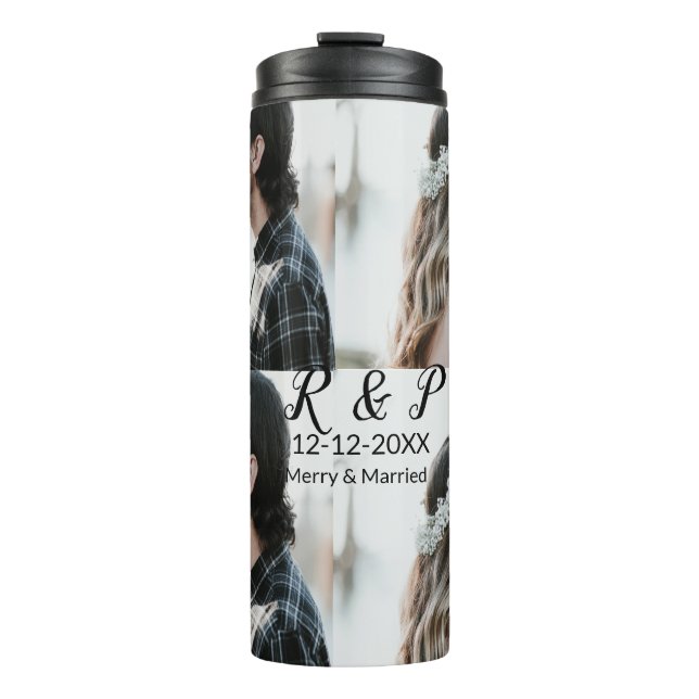 Add couple photo merry married add date year  thermal tumbler (Front)