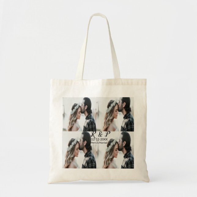 Add couple photo merry married add date year  tote bag (Front)