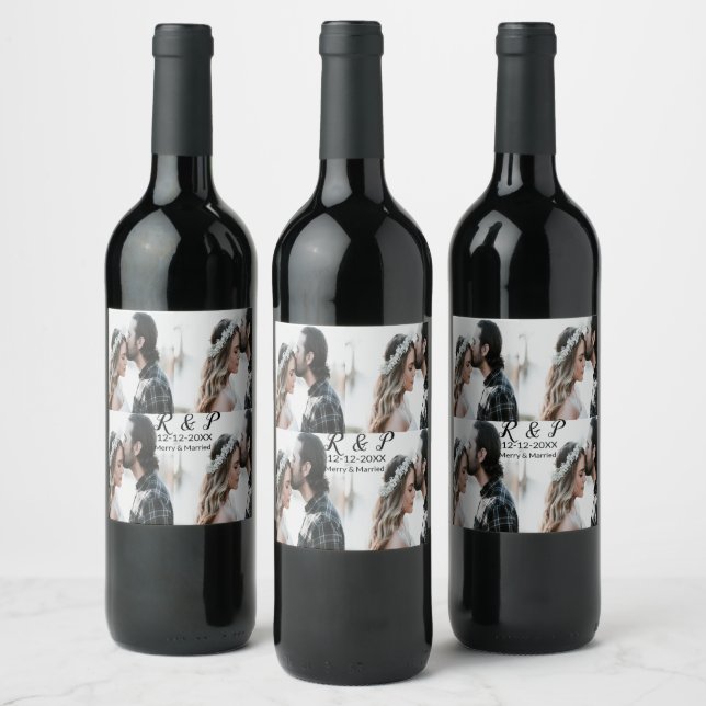 Add couple photo merry married add date year  wine label (Bottles)