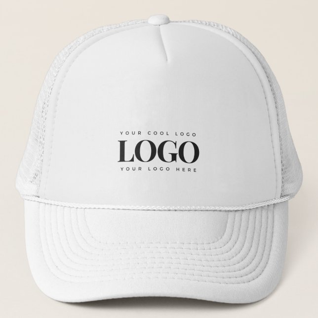 Add Custom Rectangle Black Logo Business White Trucker Hat (Front)