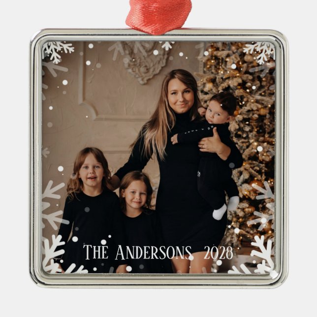 Add Family Christmas Snow Photo Customised Metal Tree Decoration (Front)