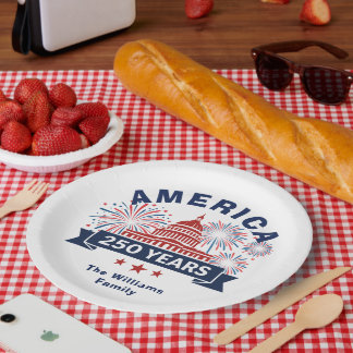 Add Family Name America 250 White House Fireworks Paper Plate
