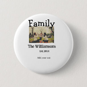 Add family name photo year rustic vintage template 6 cm round badge