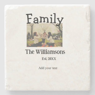 Add family name photo year rustic vintage template stone coaster