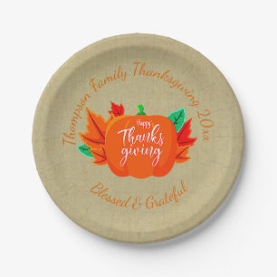 Add Family Name Text Thanksgiving Pumpkin 20xx 7" Paper Plate