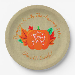Add Family Name Text Thanksgiving Pumpkin 20xx  9" Paper Plate