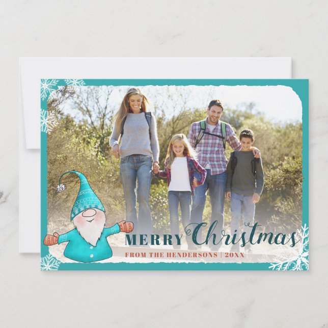 Add Family Photo Teal Blue Gnome Christmas Holiday Card (Front)